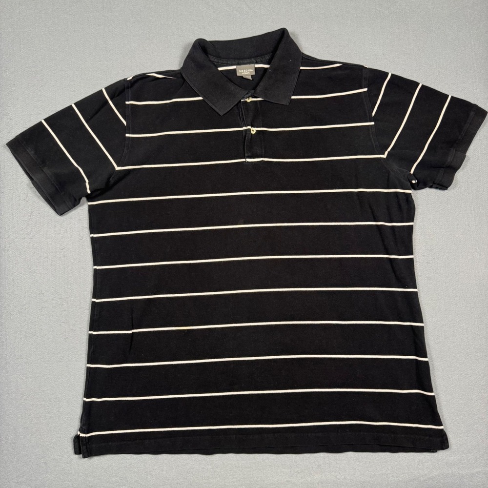 Merona Ultimate Polo Shirt Mens XXL Black White Striped Short Sleeve Casual Tee
